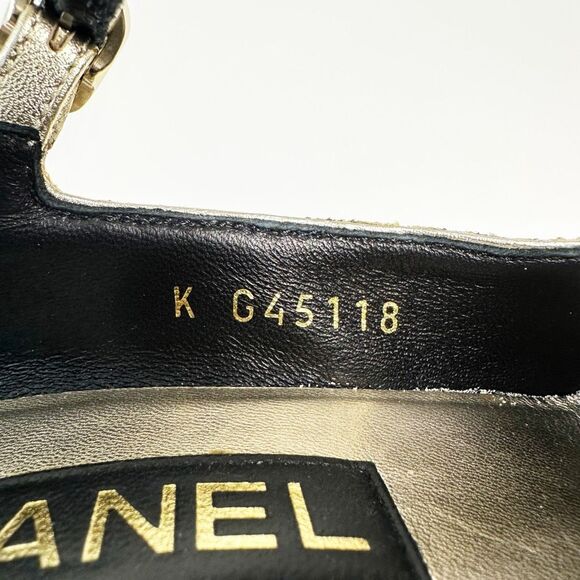 CHANEL 2023 Light Gold Glitter Black Mary Jane Heels 36 Cap Toe CC Logo Platform - Picture 11 of 16